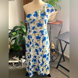 SHEIN White and Blue Floral One-Shoulder Dress